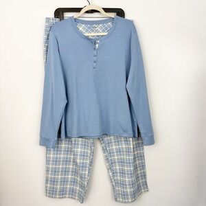 LL BEAN Womens Plaid PAJAMAS XL Petite Soft Blue Cozy PJ Set 18 20 NWOT 2PC New